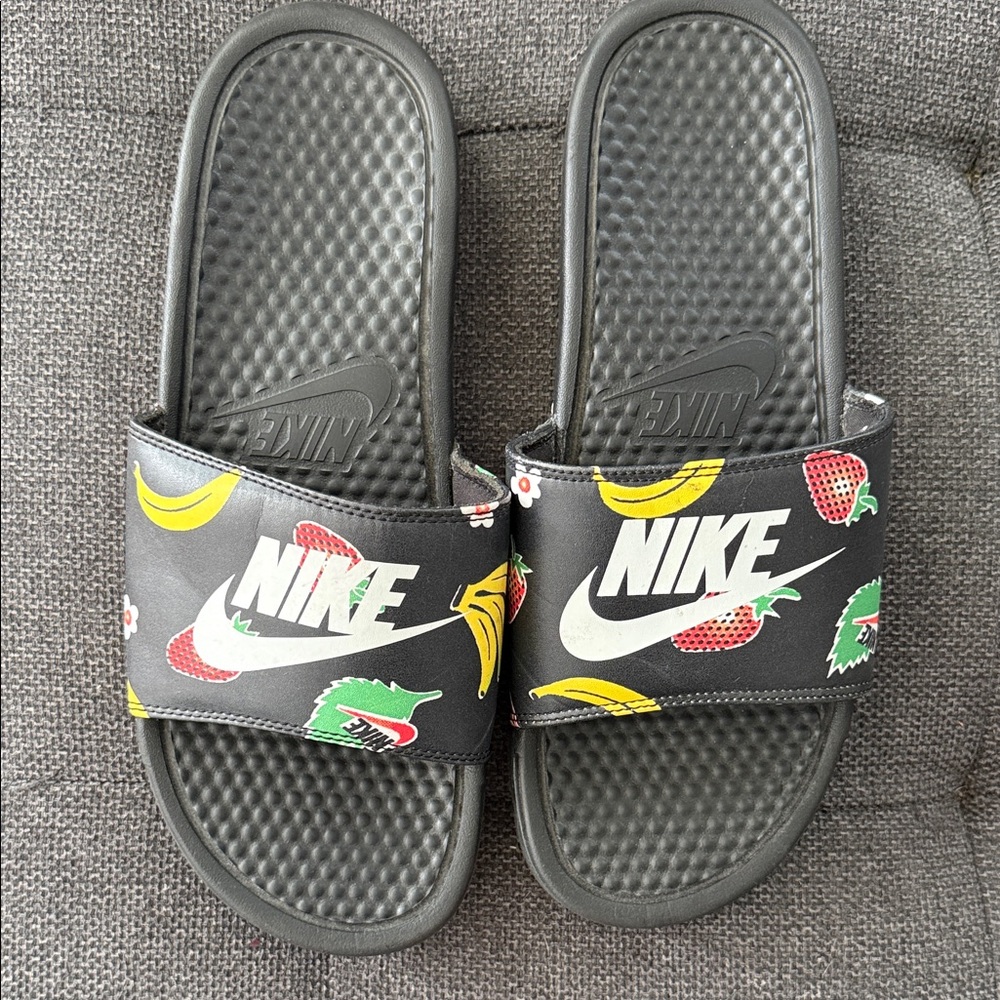 Nike Black Slides with Colorful Fruit Design